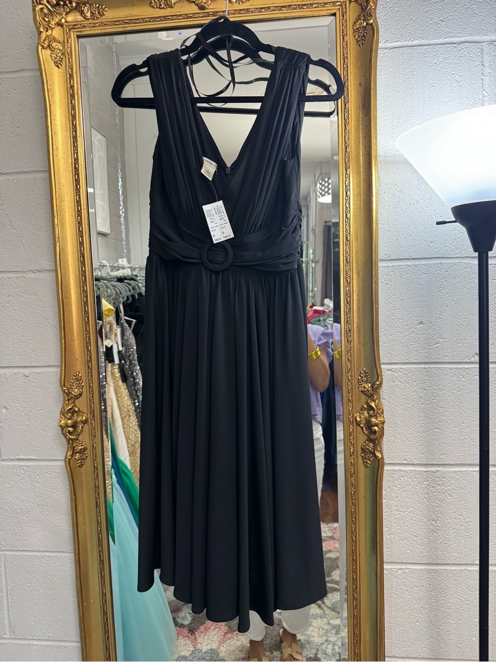 Harold's Black V-Neck Ring-Belt Midi Dress with Pleated Bodice